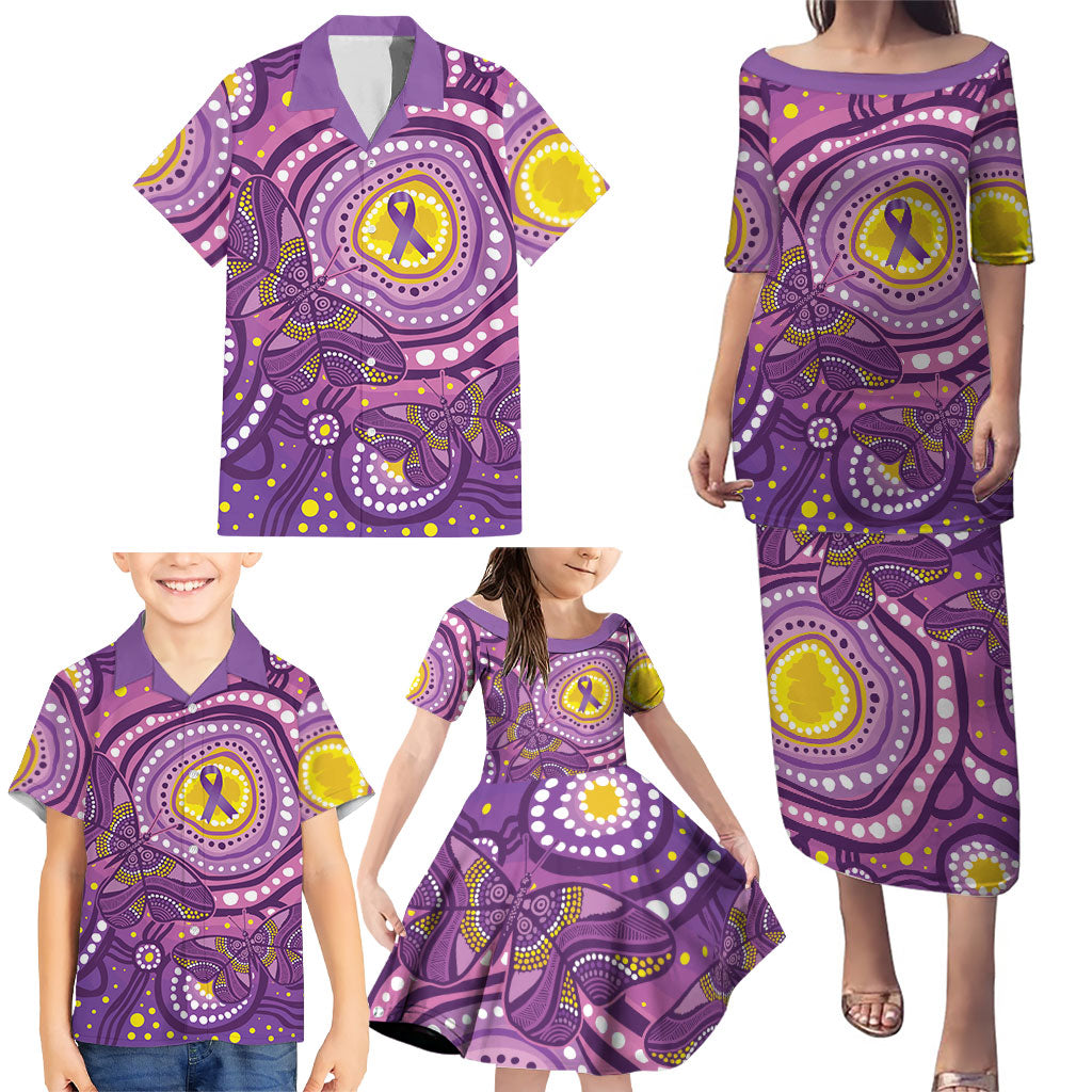 Australia Indigenous World Cancer Day Purple Aboriginal Family Matching Puletasi and Hawaiian Shirt Butterfly Ribbon