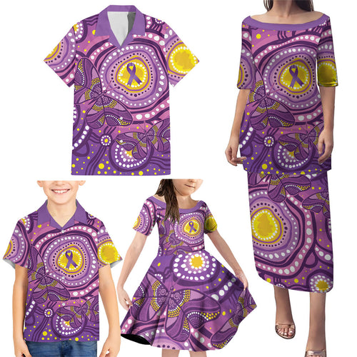 Australia Indigenous World Cancer Day Purple Aboriginal Family Matching Puletasi and Hawaiian Shirt Butterfly Ribbon