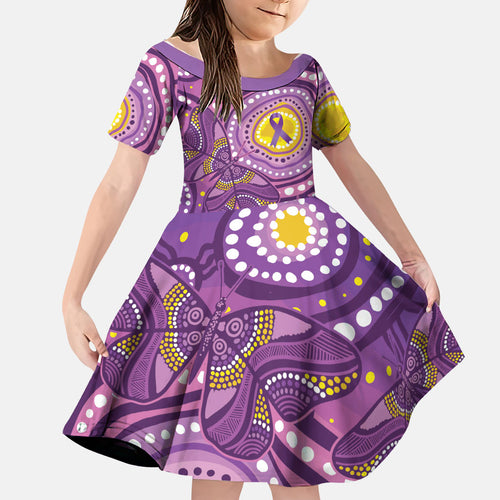 Australia Indigenous World Cancer Day Purple Aboriginal Family Matching Puletasi and Hawaiian Shirt Butterfly Ribbon
