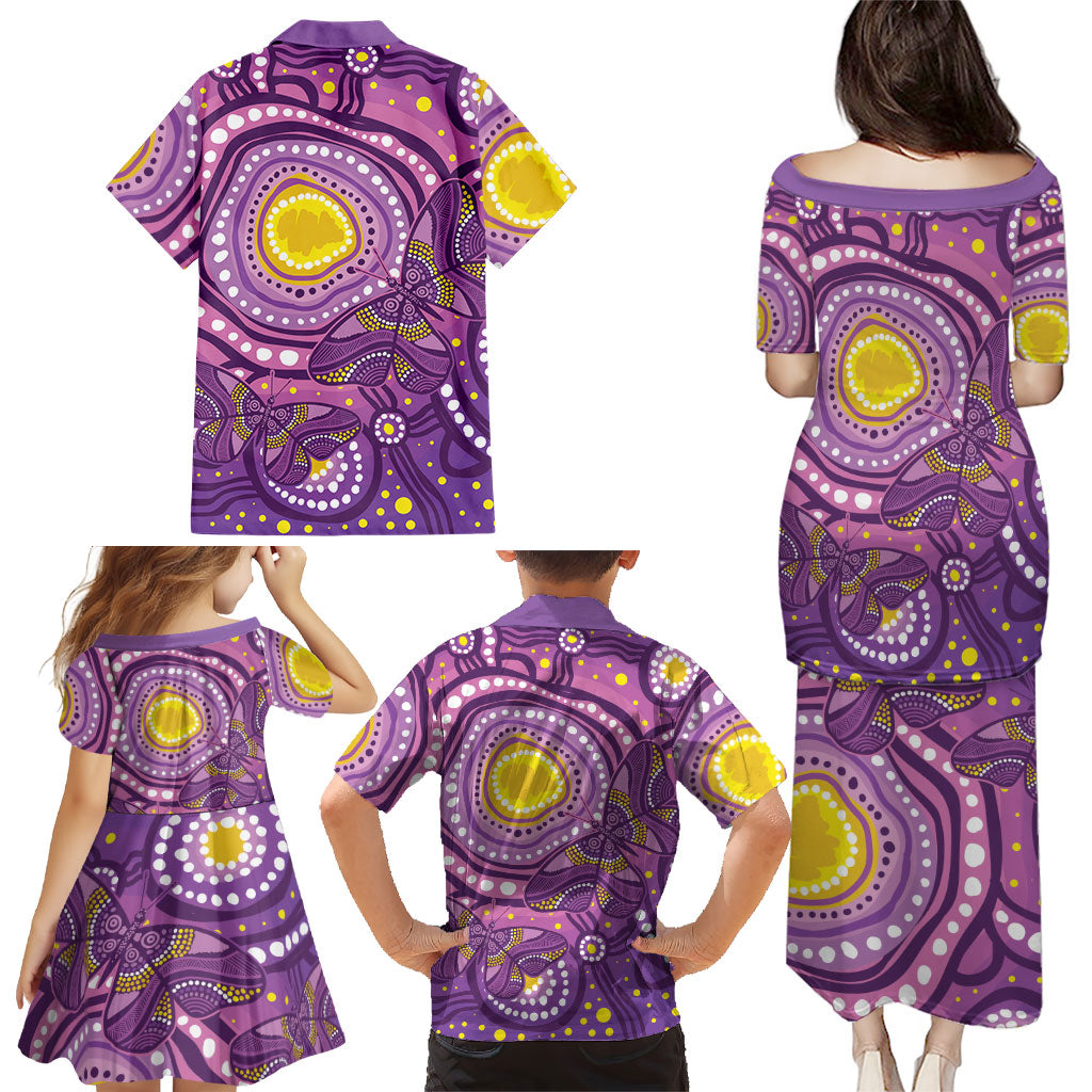 Australia Indigenous World Cancer Day Purple Aboriginal Family Matching Puletasi and Hawaiian Shirt Butterfly Ribbon
