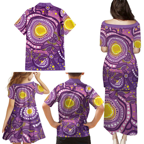 Australia Indigenous World Cancer Day Purple Aboriginal Family Matching Puletasi and Hawaiian Shirt Butterfly Ribbon