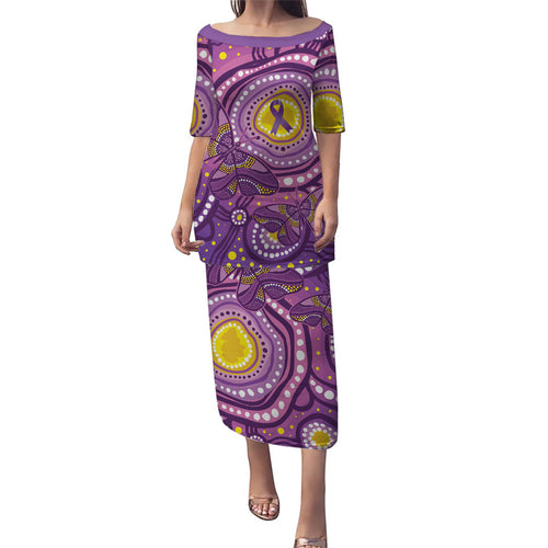 Australia Indigenous World Cancer Day Purple Aboriginal Family Matching Puletasi and Hawaiian Shirt Butterfly Ribbon
