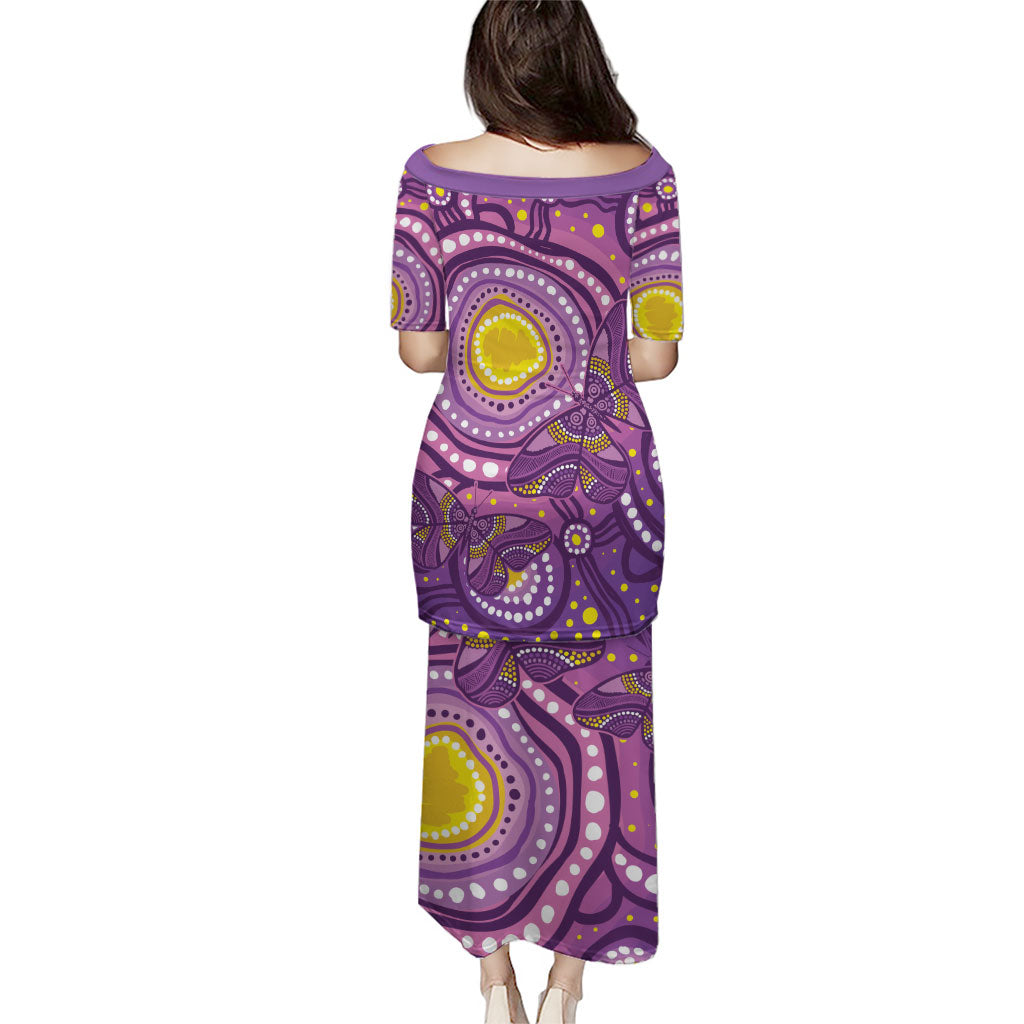 Australia Indigenous World Cancer Day Purple Aboriginal Family Matching Puletasi and Hawaiian Shirt Butterfly Ribbon