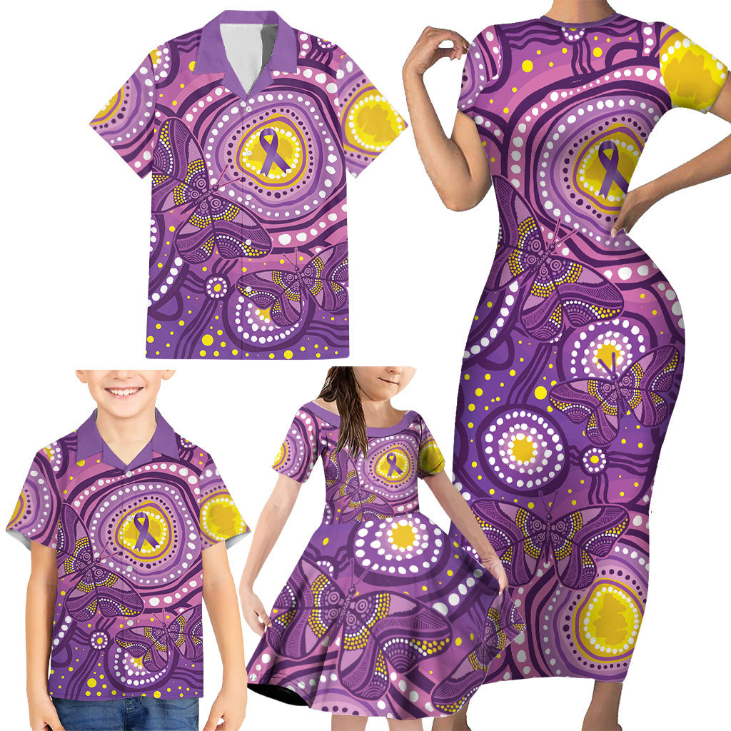 Australia Indigenous World Cancer Day Purple Aboriginal Family Matching Short Sleeve Bodycon Dress and Hawaiian Shirt Butterfly Ribbon