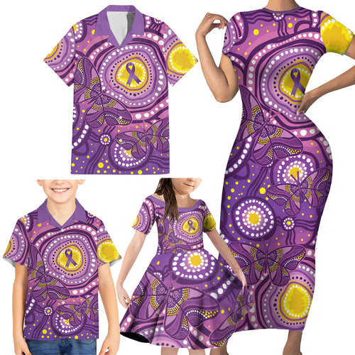 Australia Indigenous World Cancer Day Purple Aboriginal Family Matching Short Sleeve Bodycon Dress and Hawaiian Shirt Butterfly Ribbon