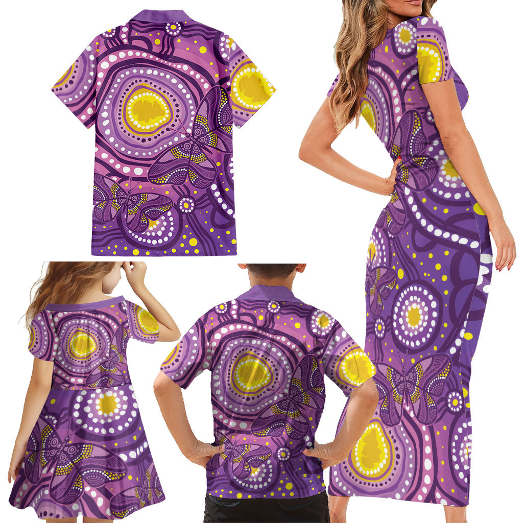 Australia Indigenous World Cancer Day Purple Aboriginal Family Matching Short Sleeve Bodycon Dress and Hawaiian Shirt Butterfly Ribbon