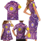 Australia Indigenous World Cancer Day Purple Aboriginal Family Matching Short Sleeve Bodycon Dress and Hawaiian Shirt Butterfly Ribbon