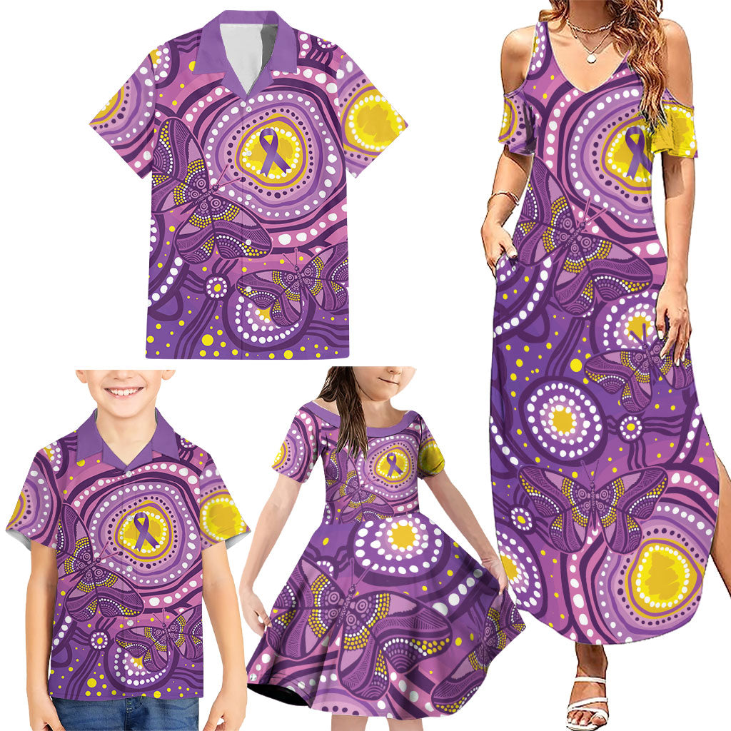 Australia Indigenous World Cancer Day Purple Aboriginal Family Matching Summer Maxi Dress and Hawaiian Shirt Butterfly Ribbon