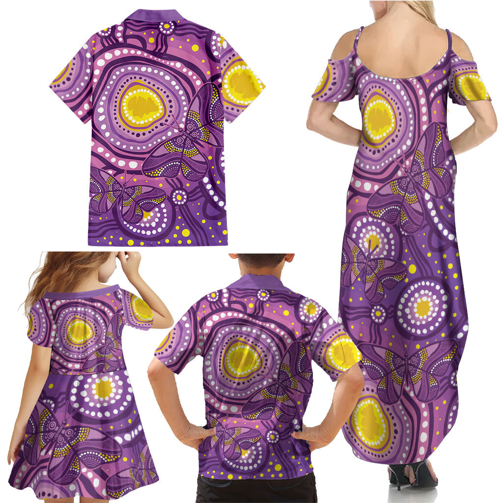 Australia Indigenous World Cancer Day Purple Aboriginal Family Matching Summer Maxi Dress and Hawaiian Shirt Butterfly Ribbon