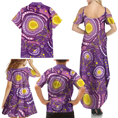 Australia Indigenous World Cancer Day Purple Aboriginal Family Matching Summer Maxi Dress and Hawaiian Shirt Butterfly Ribbon
