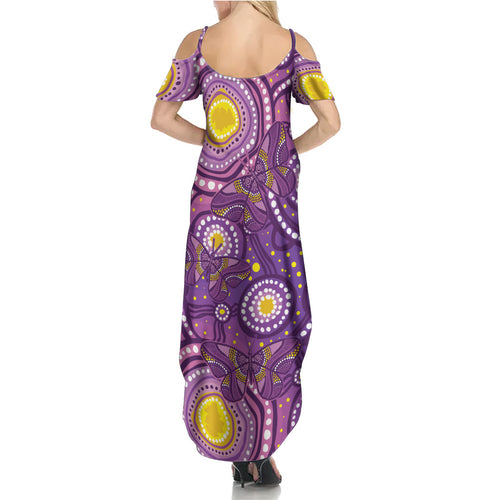 Australia Indigenous World Cancer Day Purple Aboriginal Family Matching Summer Maxi Dress and Hawaiian Shirt Butterfly Ribbon