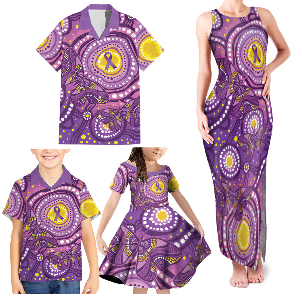 Australia Indigenous World Cancer Day Purple Aboriginal Family Matching Tank Maxi Dress and Hawaiian Shirt Butterfly Ribbon