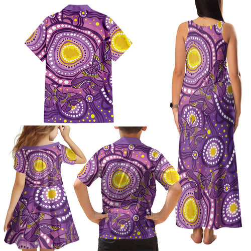 Australia Indigenous World Cancer Day Purple Aboriginal Family Matching Tank Maxi Dress and Hawaiian Shirt Butterfly Ribbon