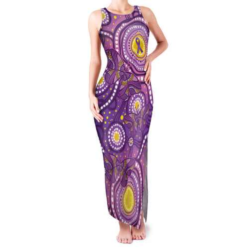 Australia Indigenous World Cancer Day Purple Aboriginal Family Matching Tank Maxi Dress and Hawaiian Shirt Butterfly Ribbon