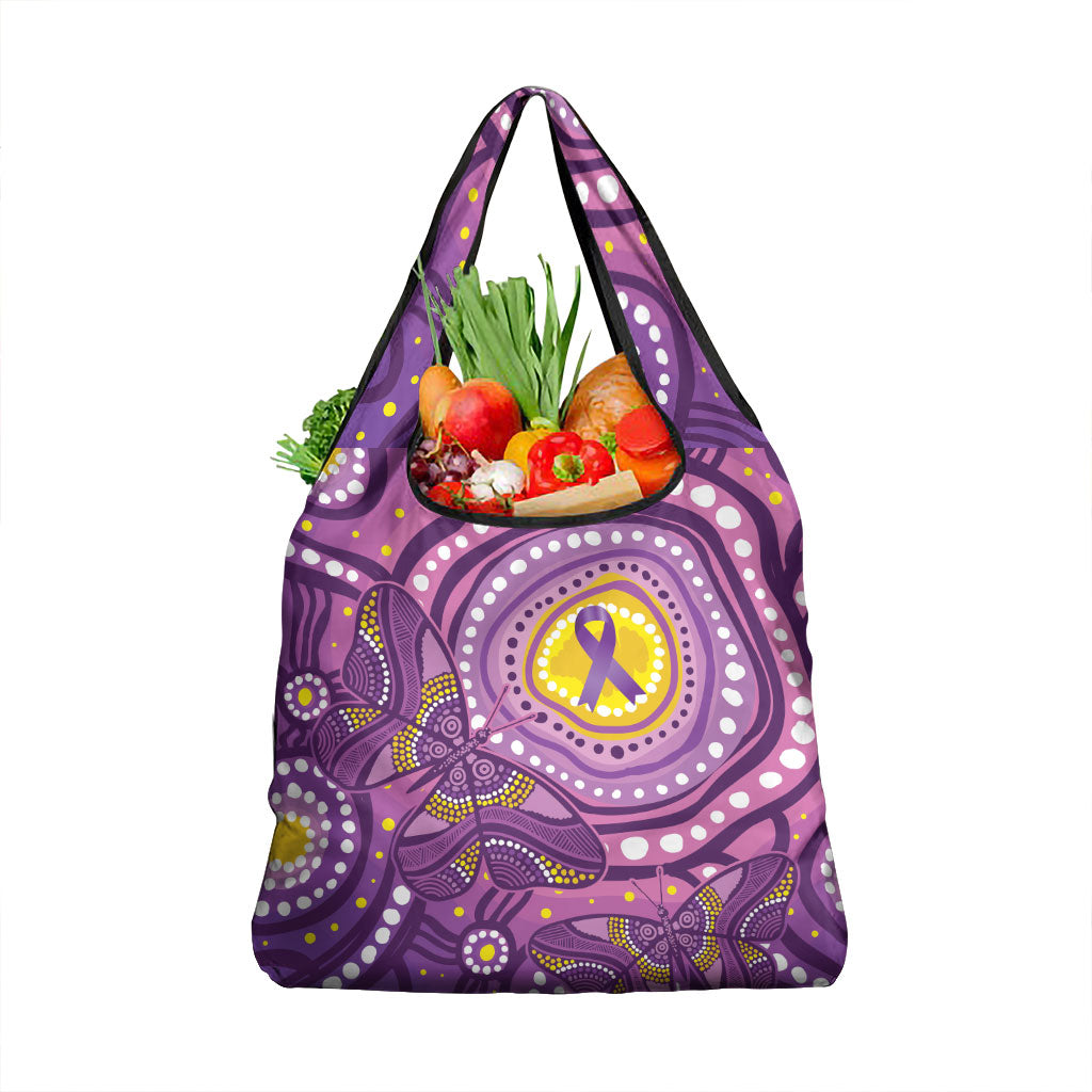 Australia Indigenous World Cancer Day Purple Aboriginal Grocery Bag Butterfly Ribbon