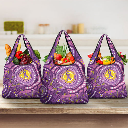 Australia Indigenous World Cancer Day Purple Aboriginal Grocery Bag Butterfly Ribbon