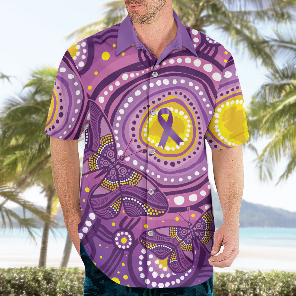 Australia Indigenous World Cancer Day Purple Aboriginal Hawaiian Shirt Butterfly Ribbon