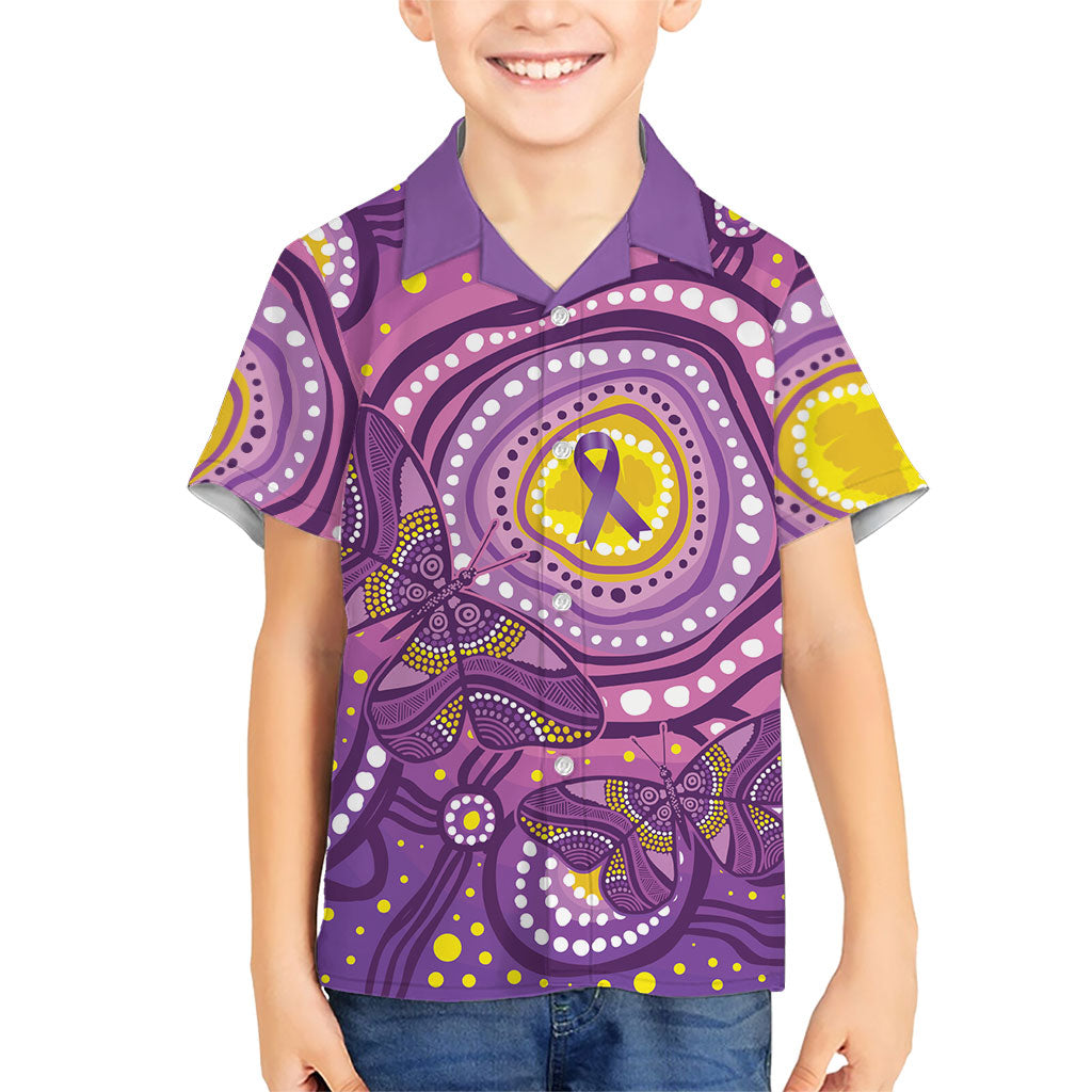 Australia Indigenous World Cancer Day Purple Aboriginal Hawaiian Shirt Butterfly Ribbon