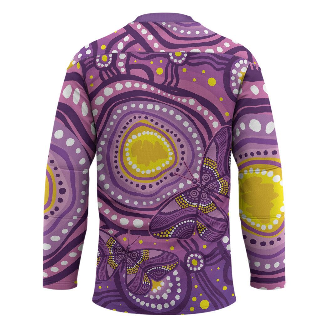 Australia Indigenous World Cancer Day Purple Aboriginal Hockey Jersey Butterfly Ribbon