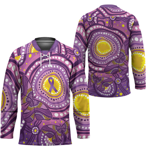Australia Indigenous World Cancer Day Purple Aboriginal Hockey Jersey Butterfly Ribbon