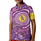 Australia Indigenous World Cancer Day Purple Aboriginal Kid Polo Shirt Butterfly Ribbon