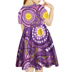 Australia Indigenous World Cancer Day Purple Aboriginal Kid Short Sleeve Dress Butterfly Ribbon