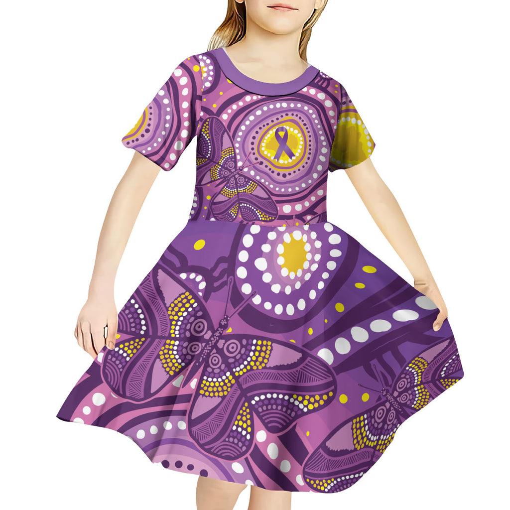 Australia Indigenous World Cancer Day Purple Aboriginal Kid Short Sleeve Dress Butterfly Ribbon