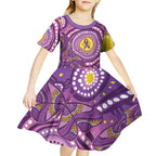 Australia Indigenous World Cancer Day Purple Aboriginal Kid Short Sleeve Dress Butterfly Ribbon
