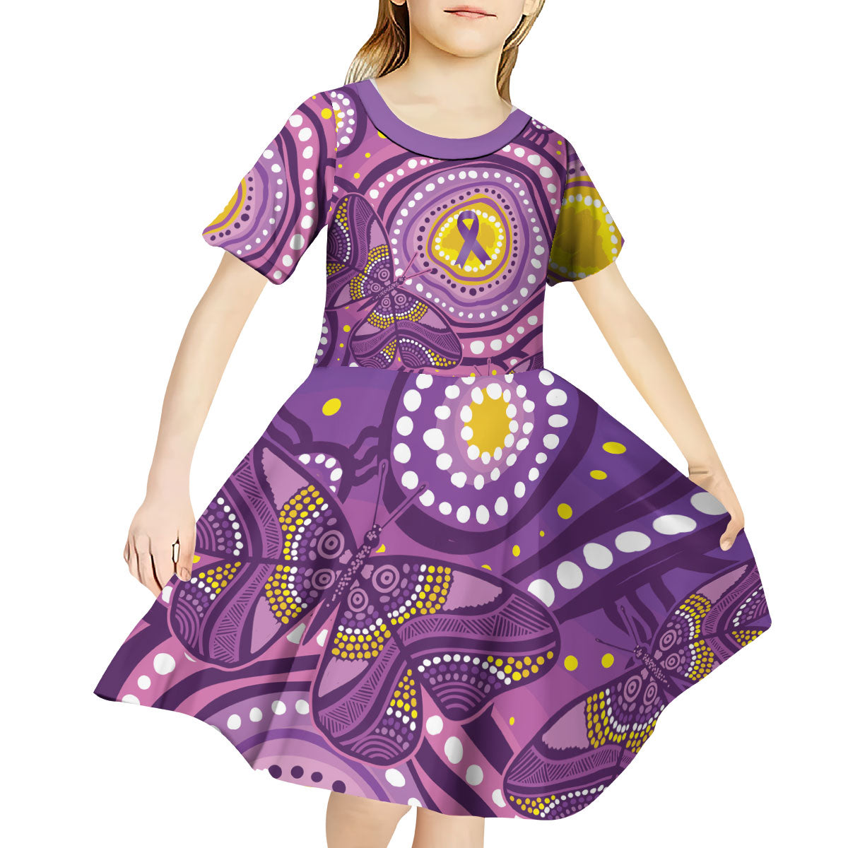 Australia Indigenous World Cancer Day Purple Aboriginal Kid Short Sleeve Dress Butterfly Ribbon