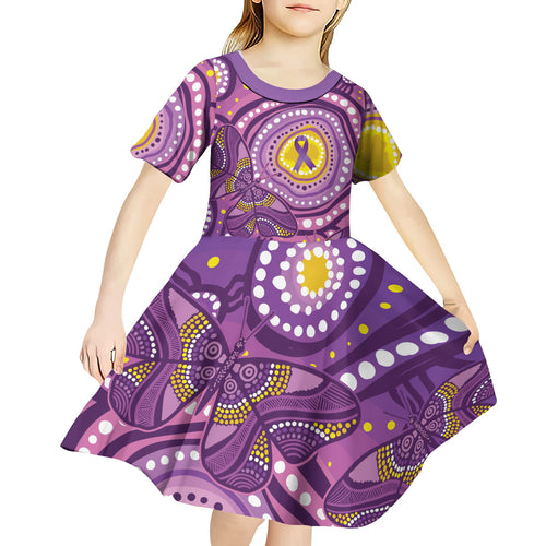 Australia Indigenous World Cancer Day Purple Aboriginal Kid Short Sleeve Dress Butterfly Ribbon