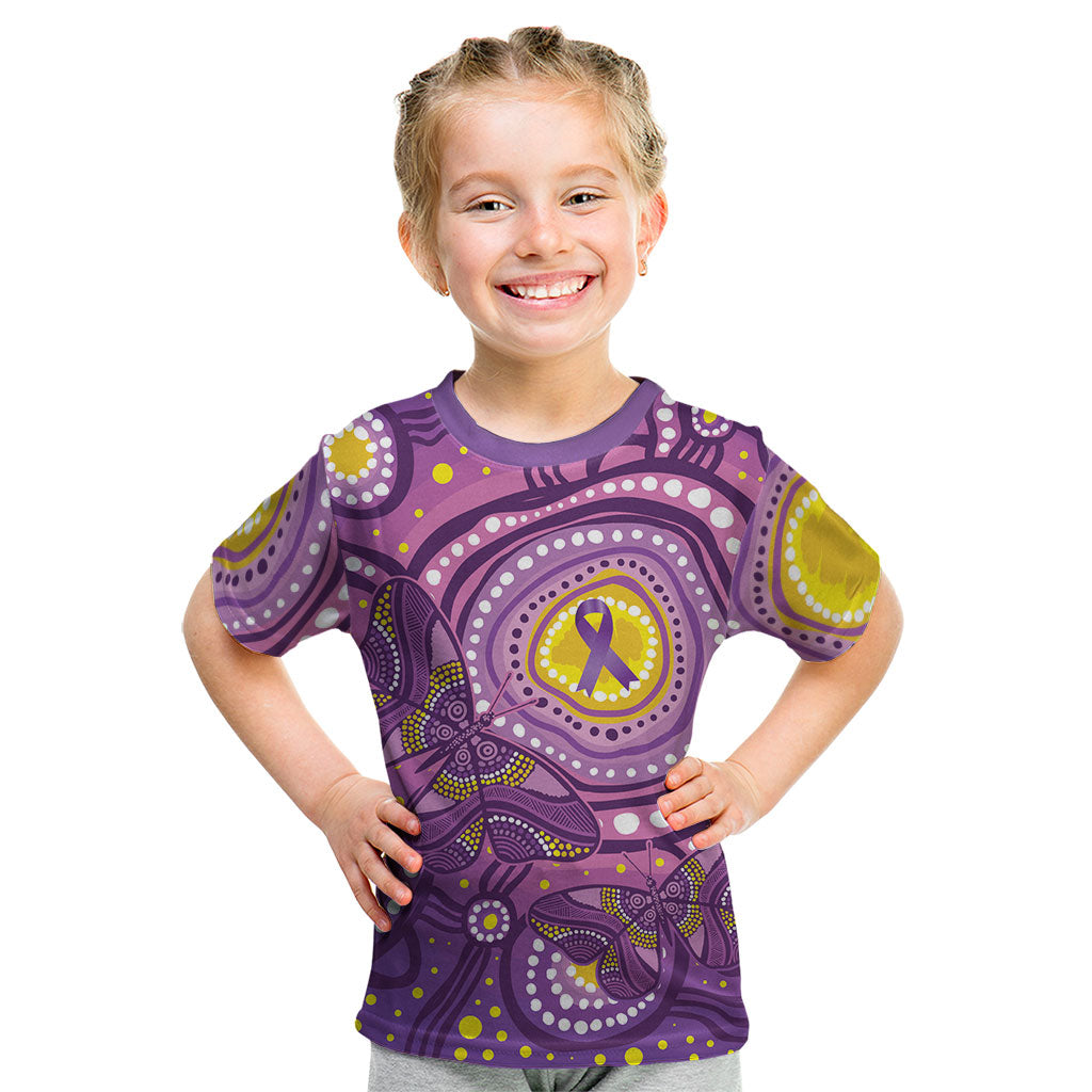 Australia Indigenous World Cancer Day Purple Aboriginal Kid T Shirt Butterfly Ribbon