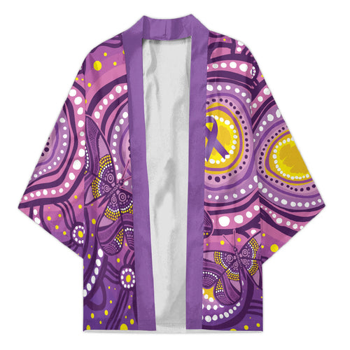 Australia Indigenous World Cancer Day Purple Aboriginal Kimono Butterfly Ribbon
