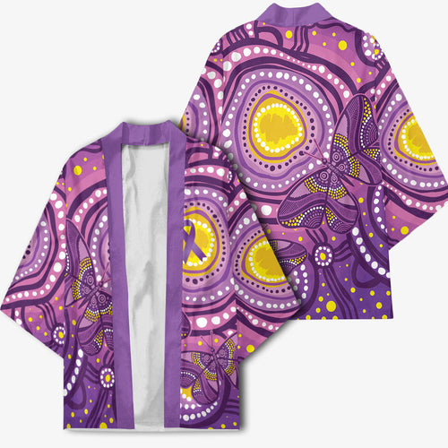 Australia Indigenous World Cancer Day Purple Aboriginal Kimono Butterfly Ribbon