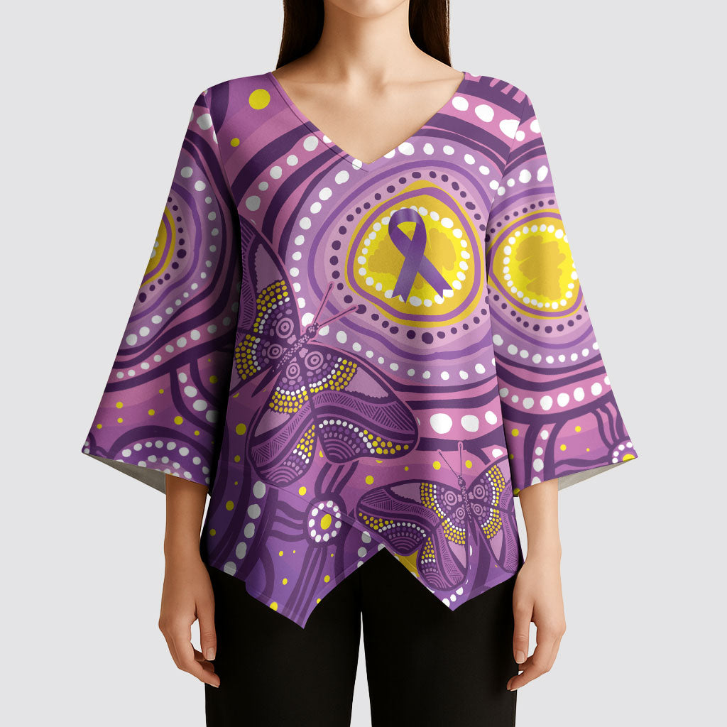 Australia Indigenous World Cancer Day Purple Aboriginal Kimono Sleeve Blouse Butterfly Ribbon