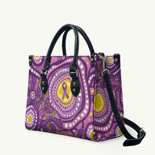 Australia Indigenous World Cancer Day Purple Aboriginal Leather Bag Butterfly Ribbon