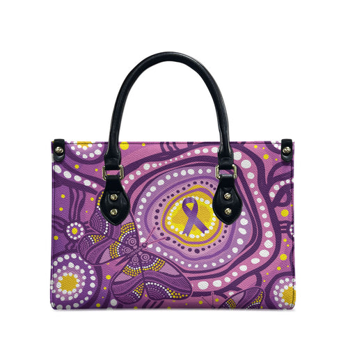 Australia Indigenous World Cancer Day Purple Aboriginal Leather Bag Butterfly Ribbon