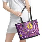 Australia Indigenous World Cancer Day Purple Aboriginal Leather Tote Bag Butterfly Ribbon