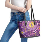 Australia Indigenous World Cancer Day Purple Aboriginal Leather Tote Bag Butterfly Ribbon