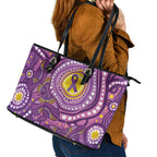 Australia Indigenous World Cancer Day Purple Aboriginal Leather Tote Bag Butterfly Ribbon