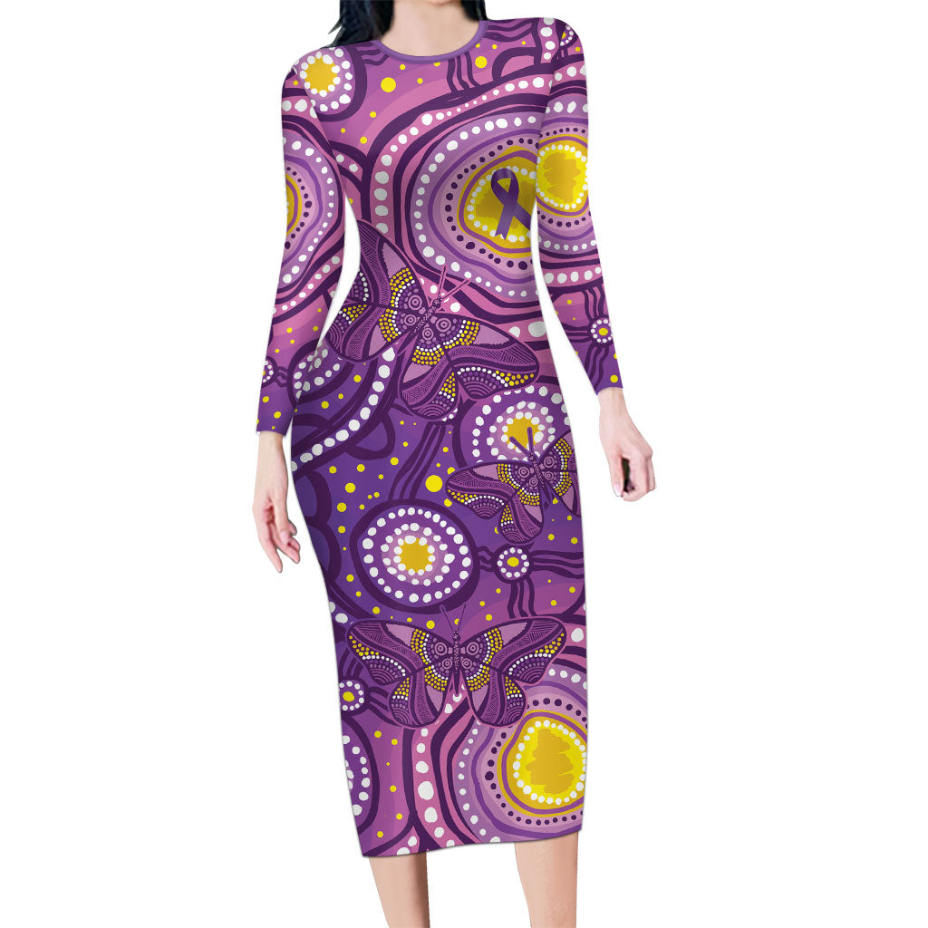 Australia Indigenous World Cancer Day Purple Aboriginal Long Sleeve Bodycon Dress Butterfly Ribbon