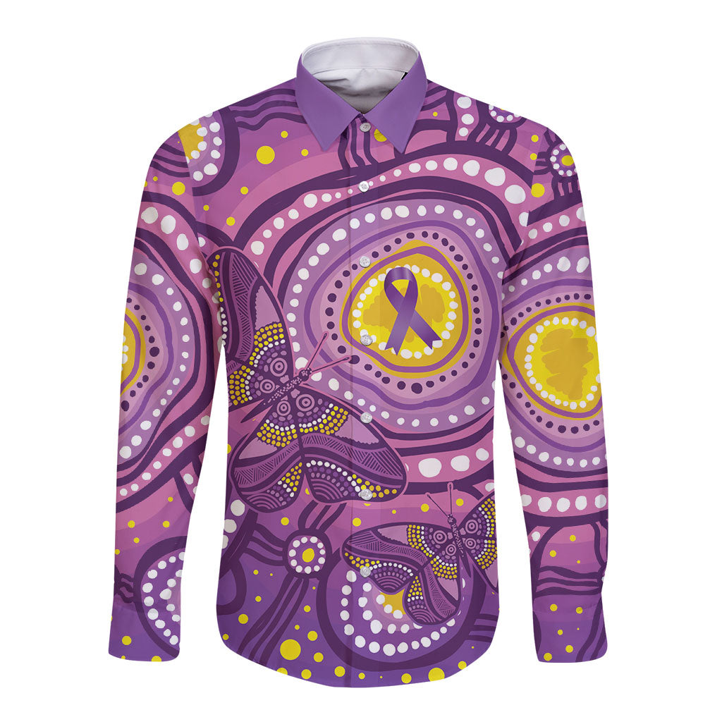 Australia Indigenous World Cancer Day Purple Aboriginal Long Sleeve Button Shirt Butterfly Ribbon
