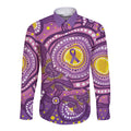 Australia Indigenous World Cancer Day Purple Aboriginal Long Sleeve Button Shirt Butterfly Ribbon