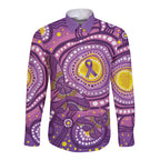 Australia Indigenous World Cancer Day Purple Aboriginal Long Sleeve Button Shirt Butterfly Ribbon