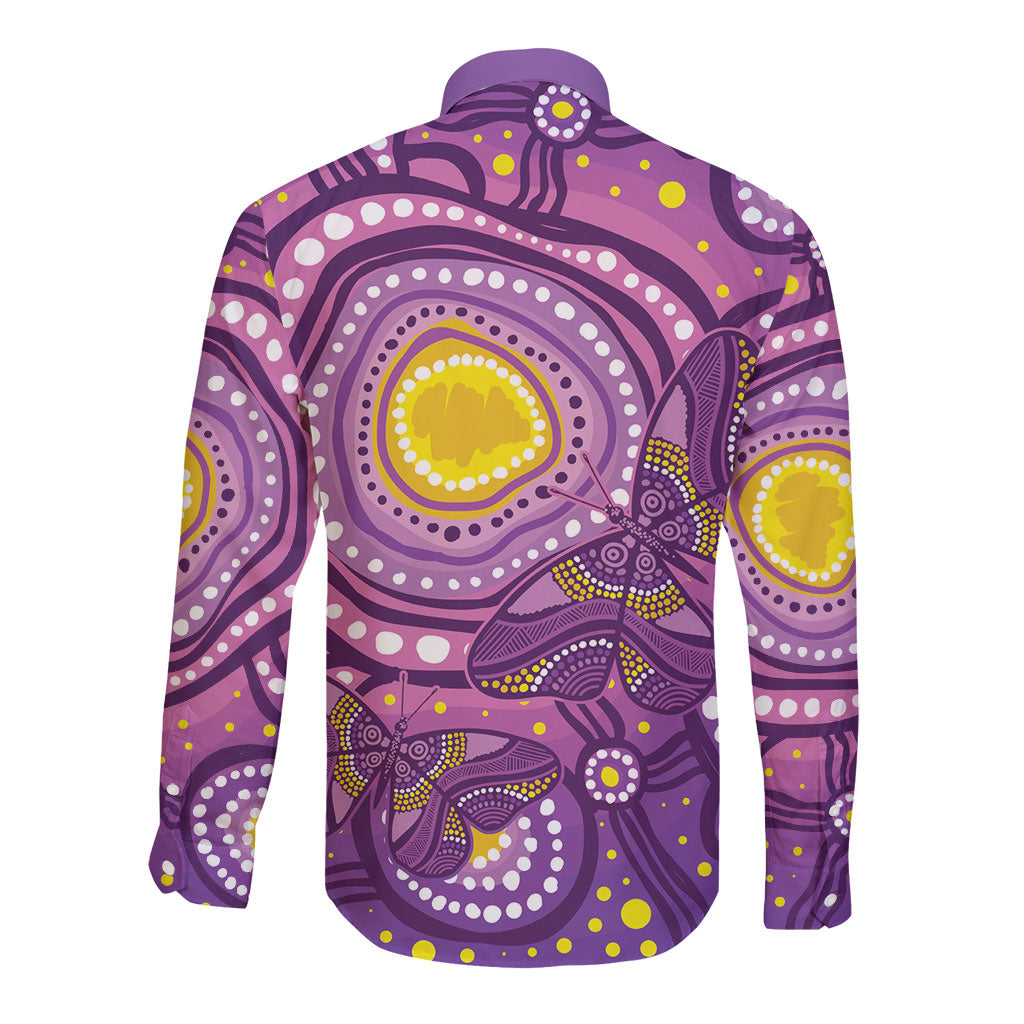 Australia Indigenous World Cancer Day Purple Aboriginal Long Sleeve Button Shirt Butterfly Ribbon