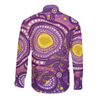 Australia Indigenous World Cancer Day Purple Aboriginal Long Sleeve Button Shirt Butterfly Ribbon