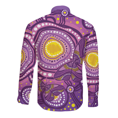 Australia Indigenous World Cancer Day Purple Aboriginal Long Sleeve Button Shirt Butterfly Ribbon