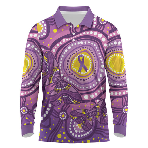 Australia Indigenous World Cancer Day Purple Aboriginal Long Sleeve Polo Shirt Butterfly Ribbon
