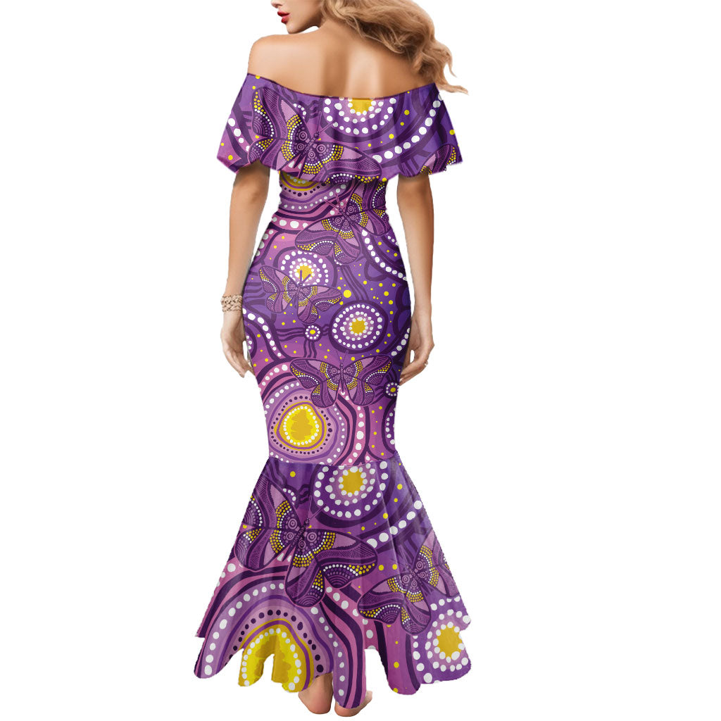 Australia Indigenous World Cancer Day Purple Aboriginal Mermaid Dress Butterfly Ribbon