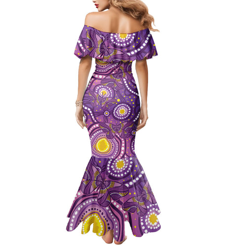 Australia Indigenous World Cancer Day Purple Aboriginal Mermaid Dress Butterfly Ribbon
