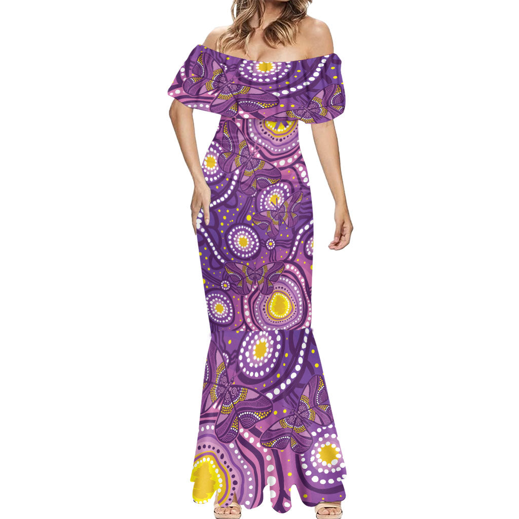 Australia Indigenous World Cancer Day Purple Aboriginal Mermaid Dress Butterfly Ribbon